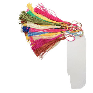 Colorful tassel keychains or bookmarks with a blank white tag.