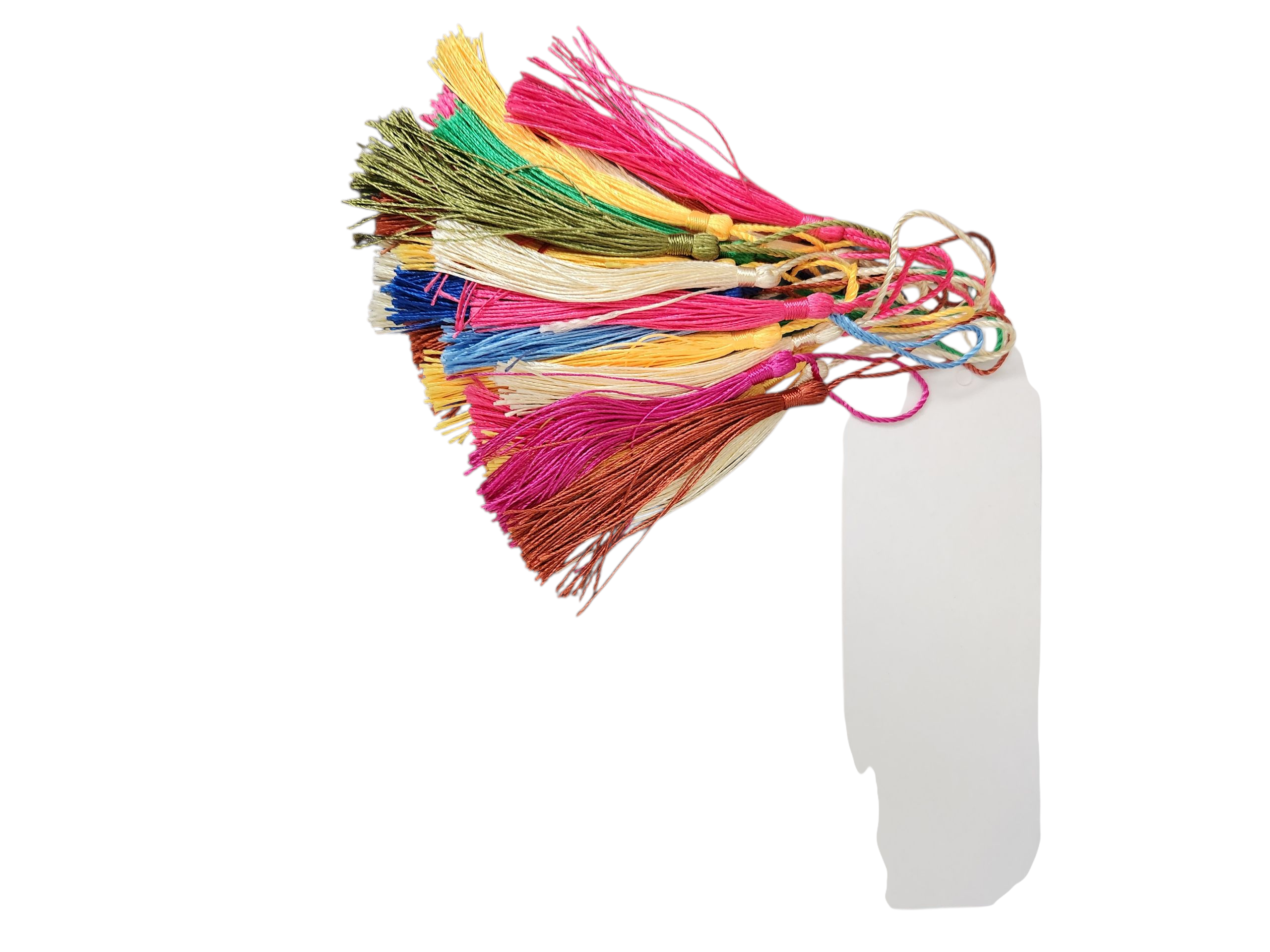 Colorful tassel keychains or bookmarks with a blank white tag.