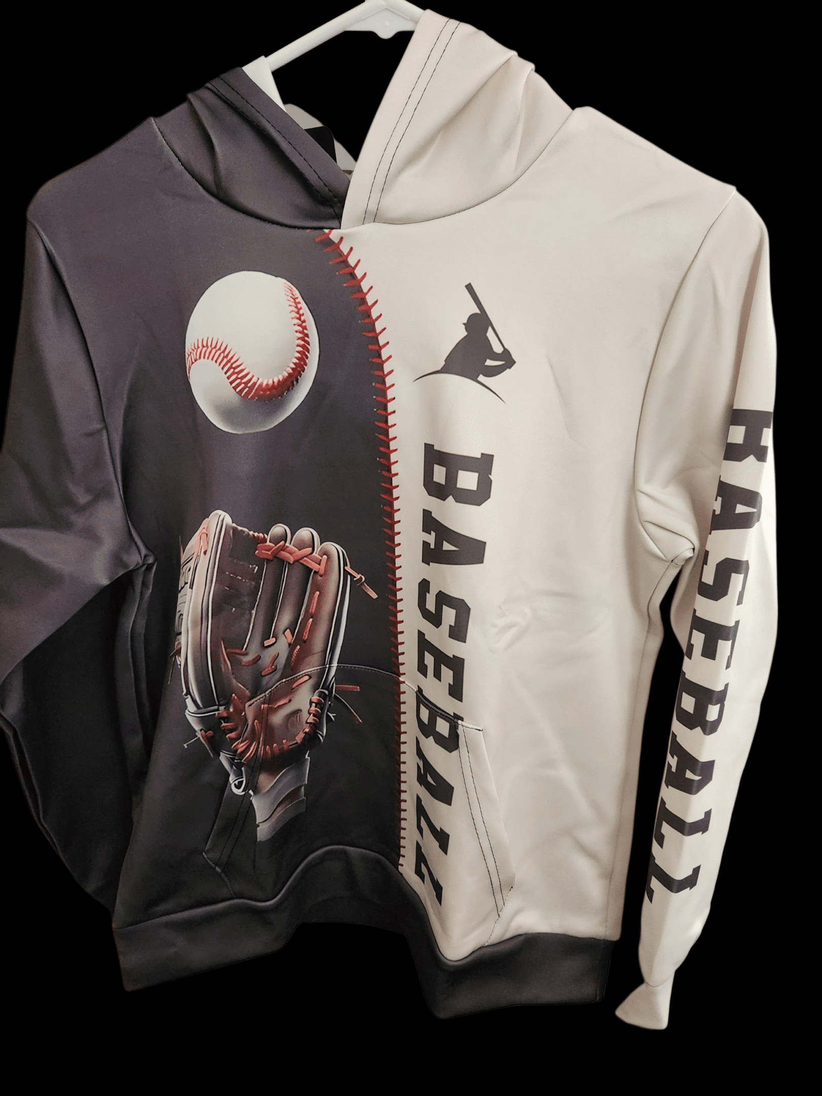 A baseball-themed hoodie with glove and ball graphics split in black and white.
