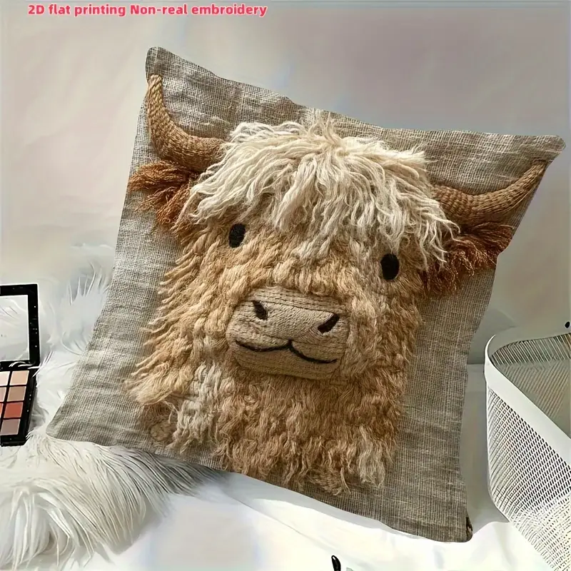 A cozy pillow with a fluffy, smiling alpaca face design.