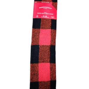 Black and red buffalo plaid scarf with a label.