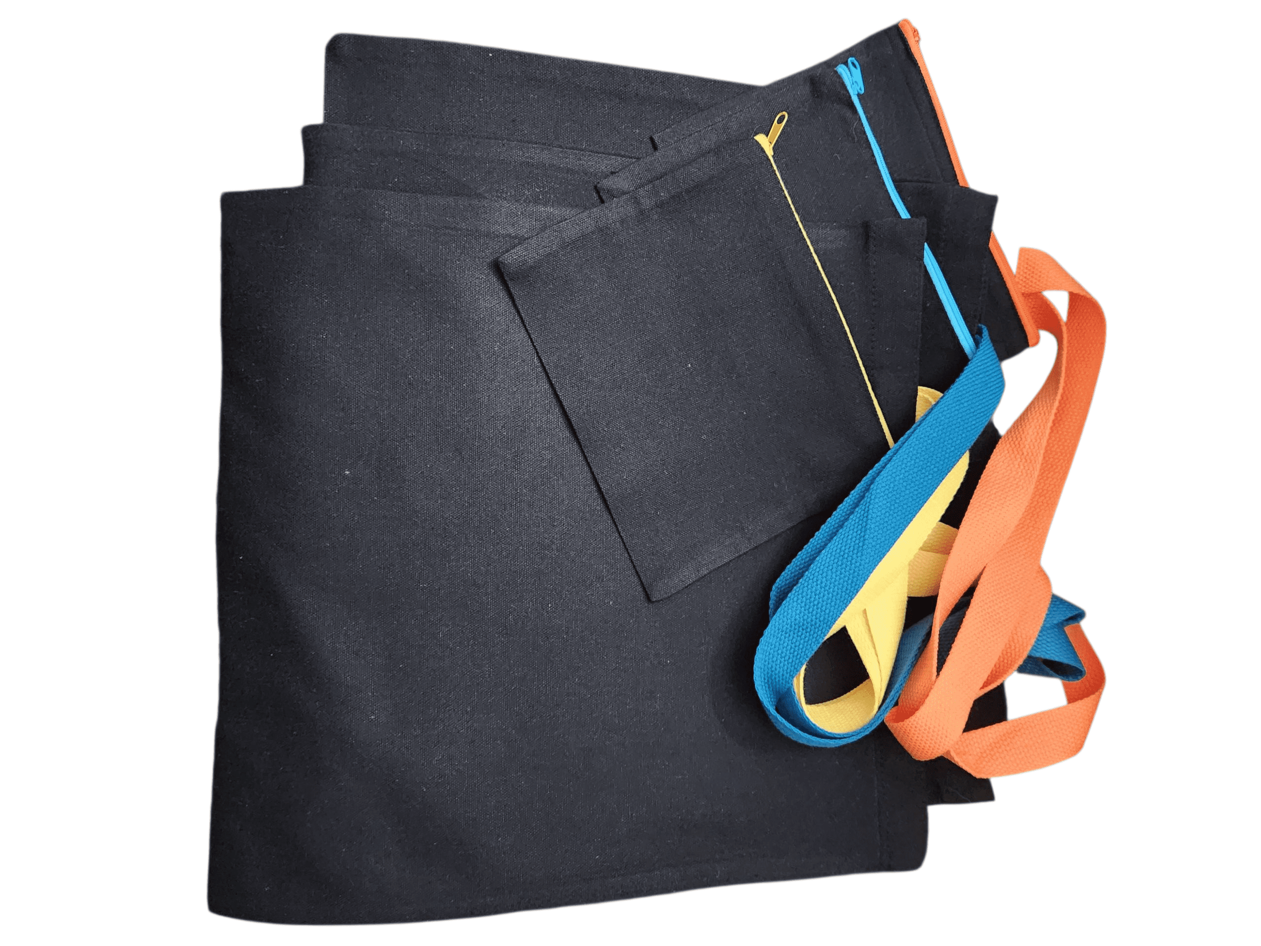 Folded dark fabric with colorful ribbon straps on white background.