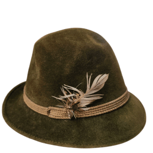 A stylish olive green felt hat with decorative feathers and braided band.