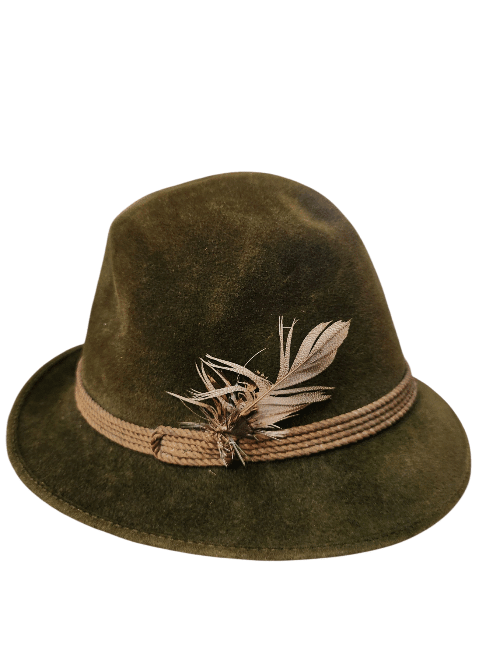 A stylish olive green felt hat with decorative feathers and braided band.