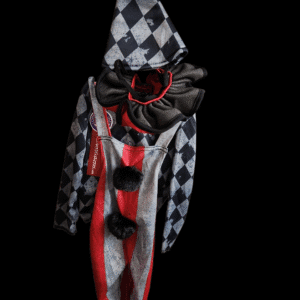 Creepy clown costume with a harlequin diamond pattern and oversized pom-poms.
