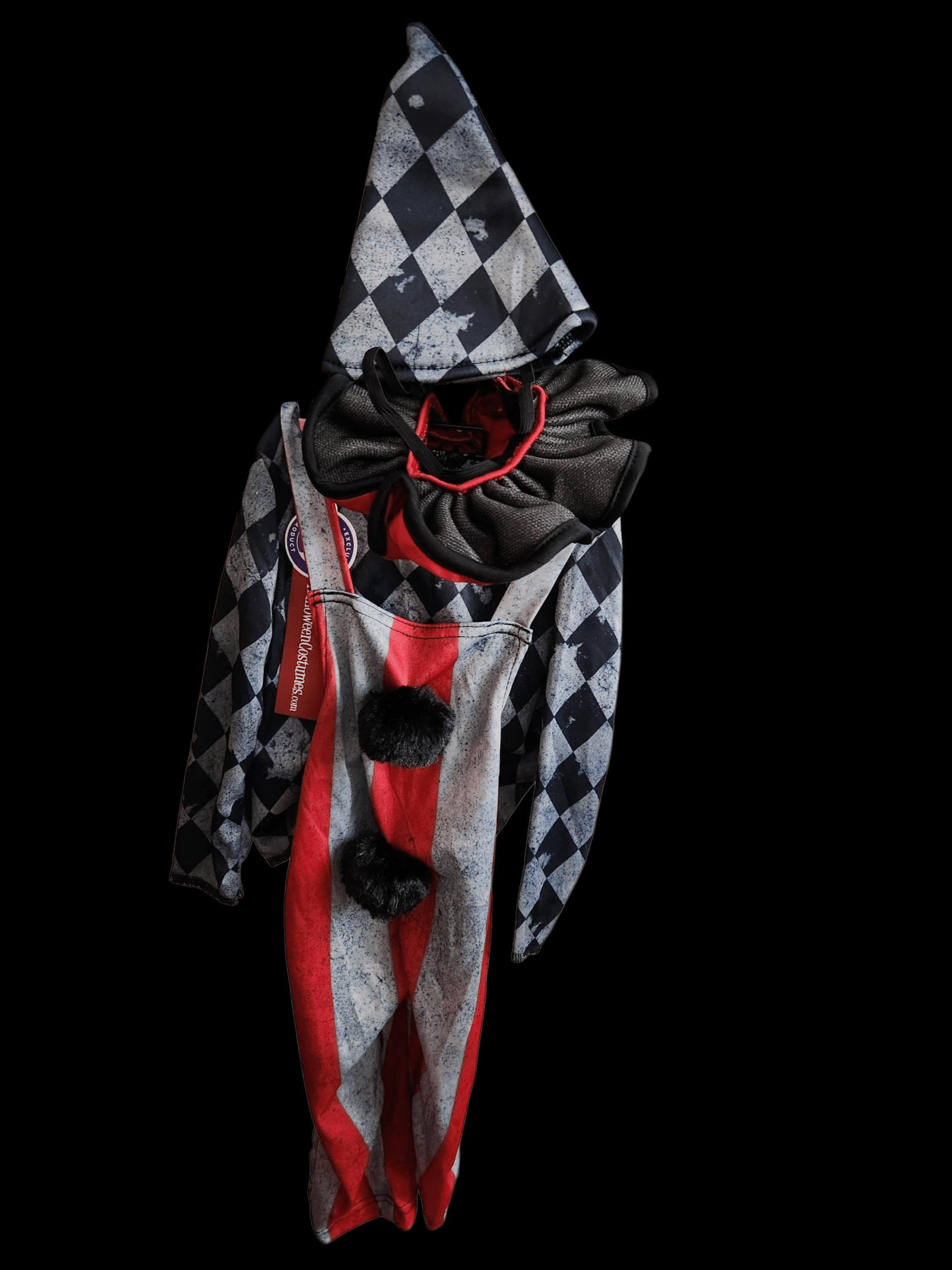 Creepy clown costume with a harlequin diamond pattern and oversized pom-poms.