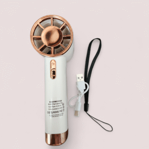 A handheld portable fan with a wrist strap and USB charging cable.