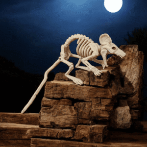 Skeleton of a prehistoric mammal displayed on rocky terrain at night.