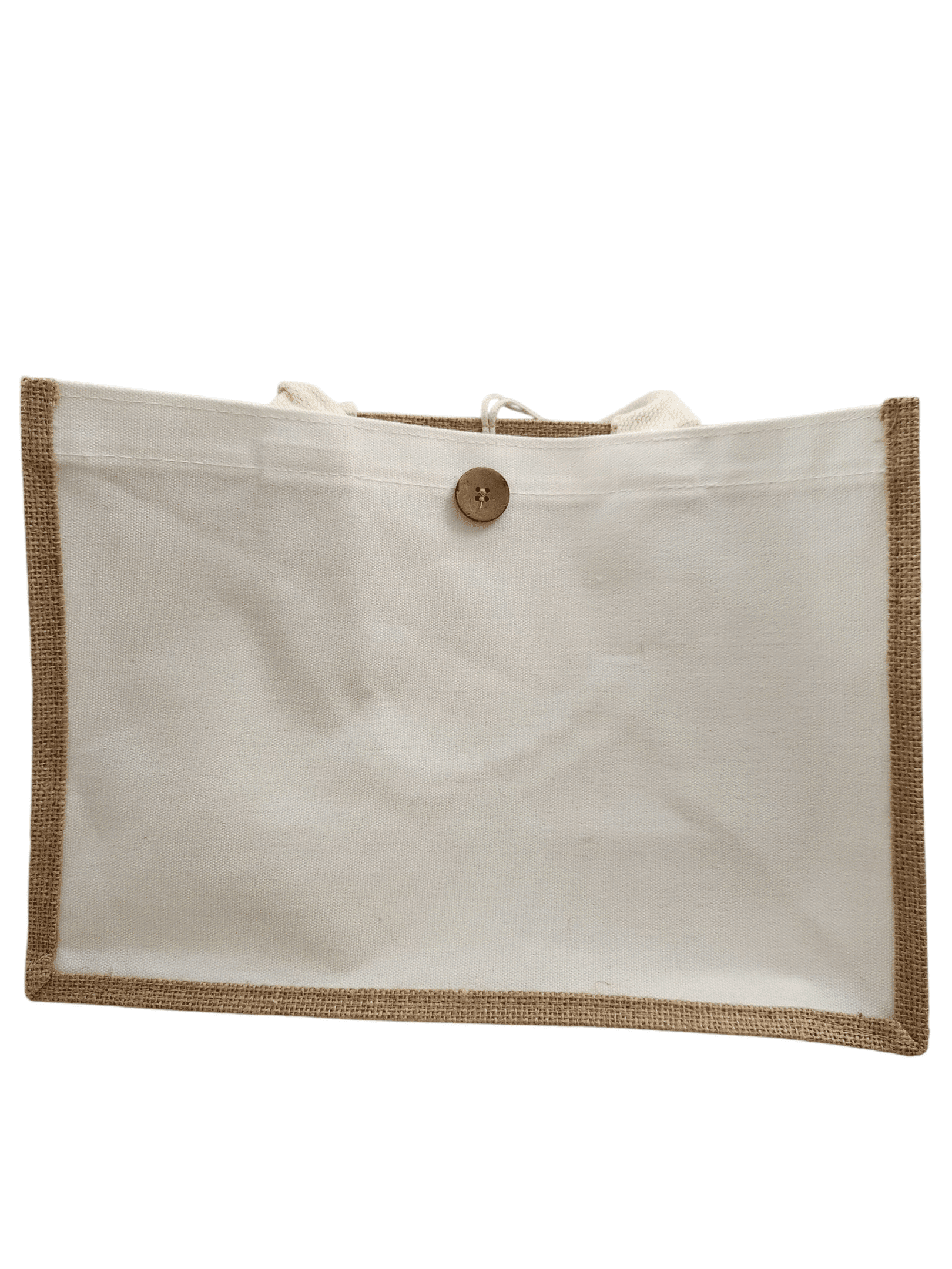 A simple beige tote bag with brown trim and a button closure.