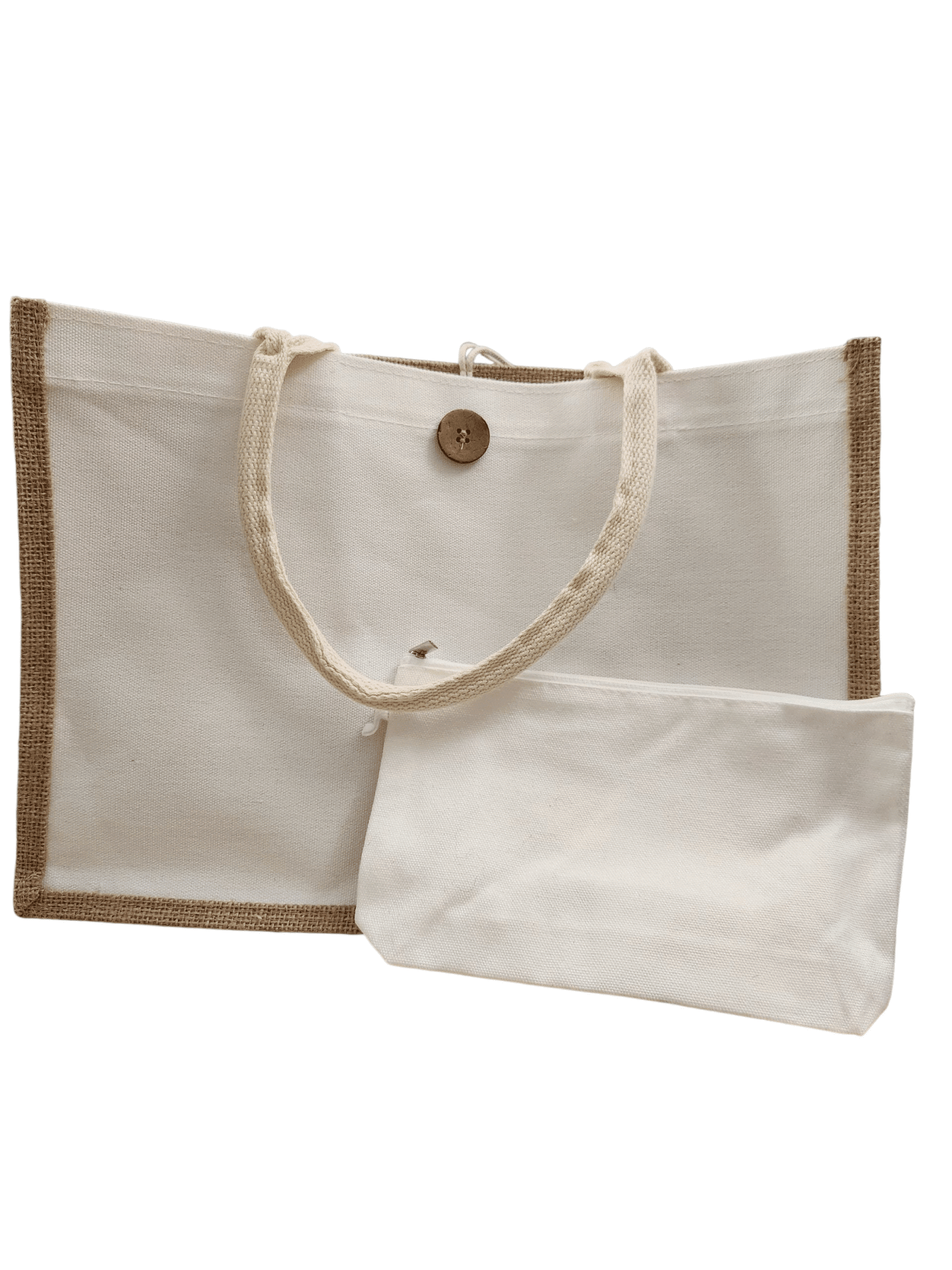 A beige tote bag with a matching small pouch.
