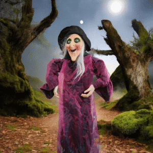 A creepy witch with a purple dress and gray hair in a spooky forest.